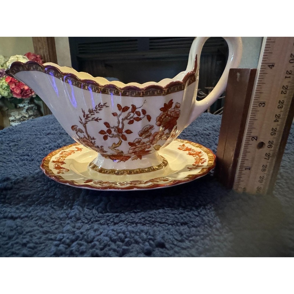 Spode Indian Tree Rust Gravy Boat Attached Underplate Red Transferware - Picture 2 of 4